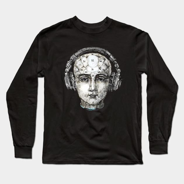 Phrenology head with headphones. Long Sleeve T-Shirt by FanitsaArt